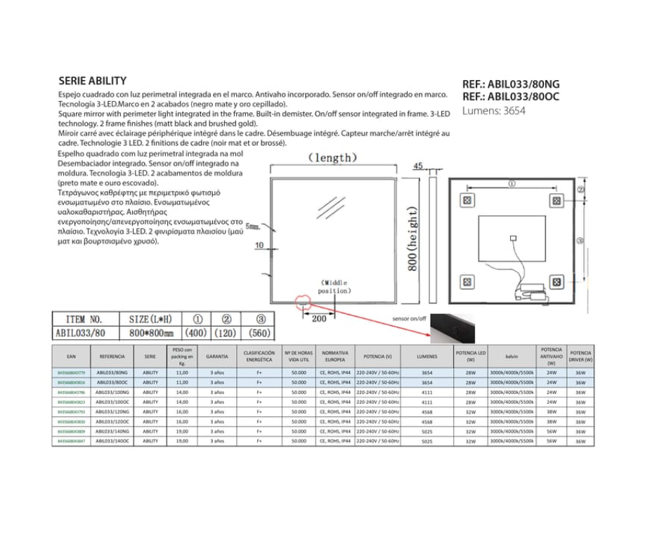 ESPEJO BAÑO RECTANGULAR LED ANTIVAHO MOD. ABILITY