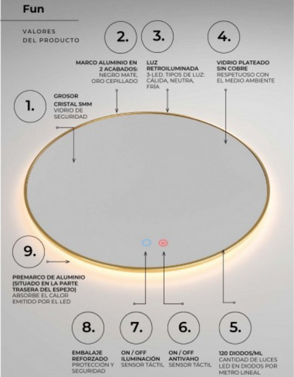 ESPEJO BAÑO REDONDO LED, ANTIVAHO, ON-OFF, MARCO NEGRO MOD. FUN