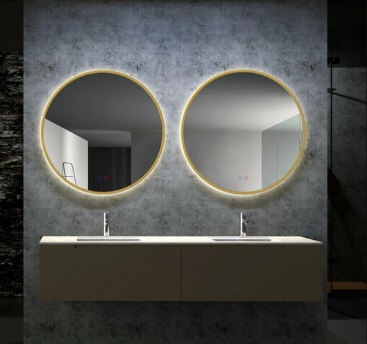 ESPEJO BAÑO REDONDO LED, ORO CEPILLADO ANTIVAHO MOD. FUN