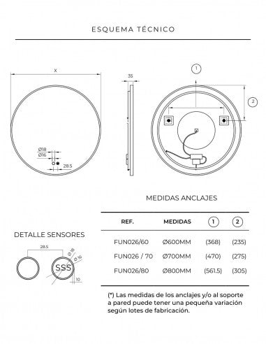 ESPEJO BAÑO REDONDO LED, ANTIVAHO, ON-OFF, MARCO NEGRO MOD. FUN