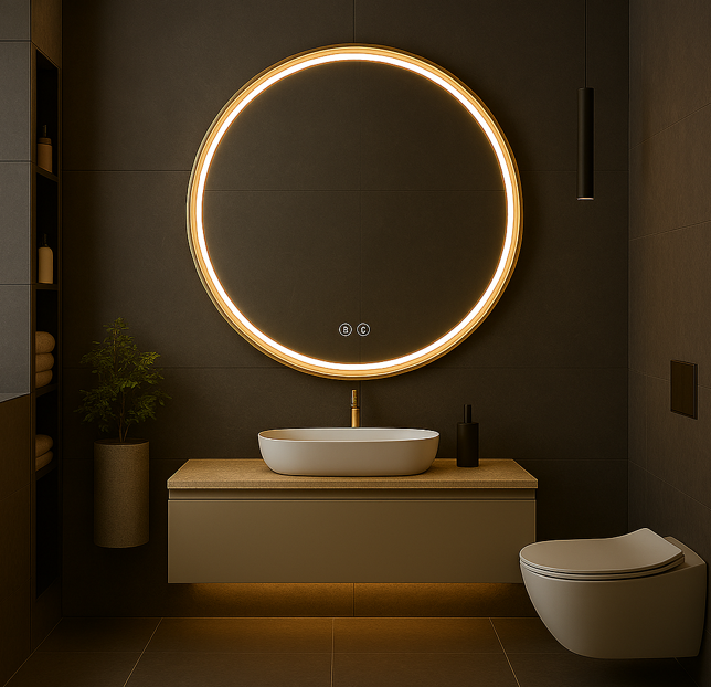 ESPEJO BAÑO REDONDO LED, MARCO NEGRO MATE, ORO ROSA, ORO CEPILLADO-MOD. PARIS