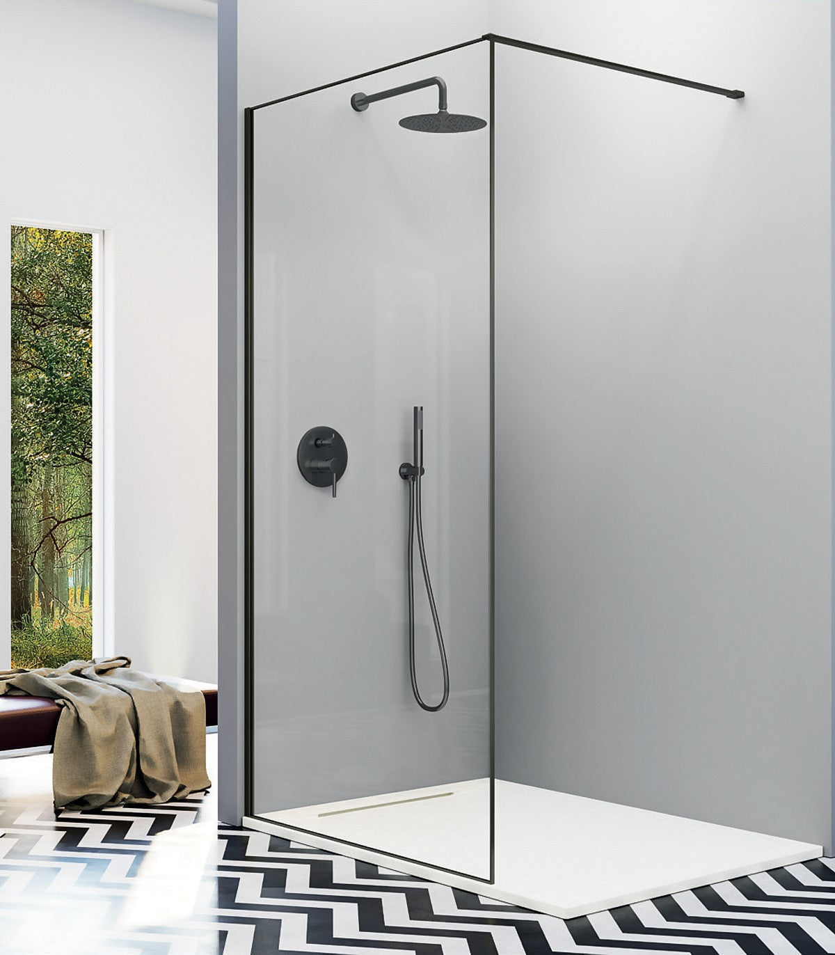 MAMPARA DUCHA FIJA FRESH  ARENA NEGRO MATE - VIDRIO 8MM